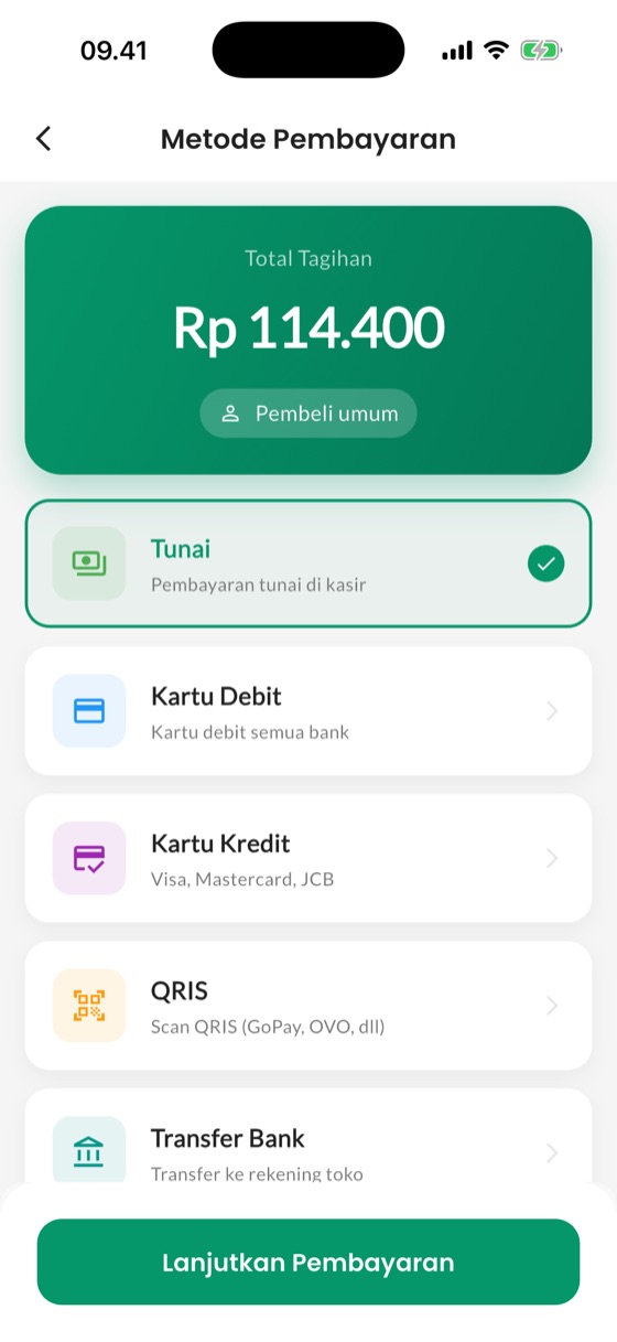 Cara bayar: Tunai, transfer, QRIS, kartu, atau kasbon.