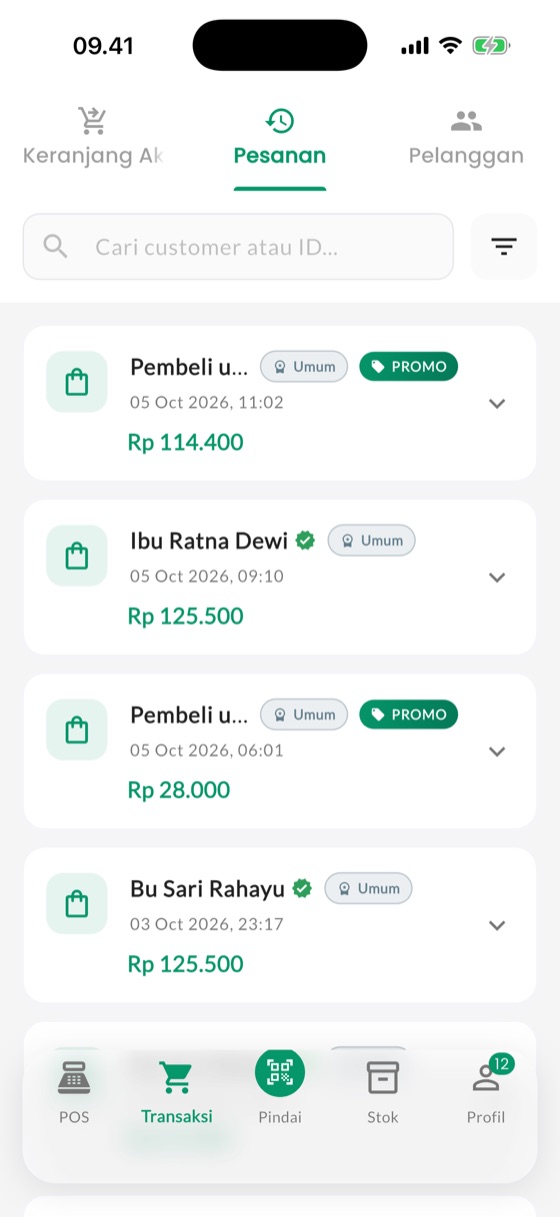 Riwayat transaksi: Semua penjualan tersimpan dan bisa dicari.